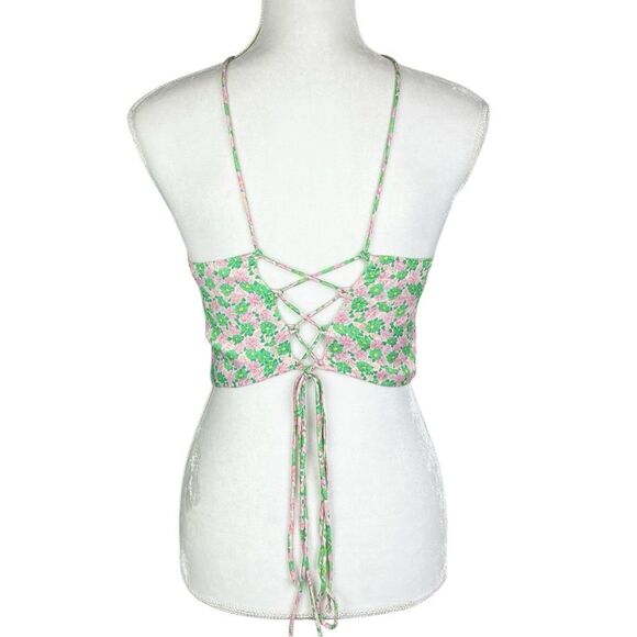Zara Pink Green Floral Satin Halter Spaghetti Strap Crop Top Size Small - Picture 2 of 6